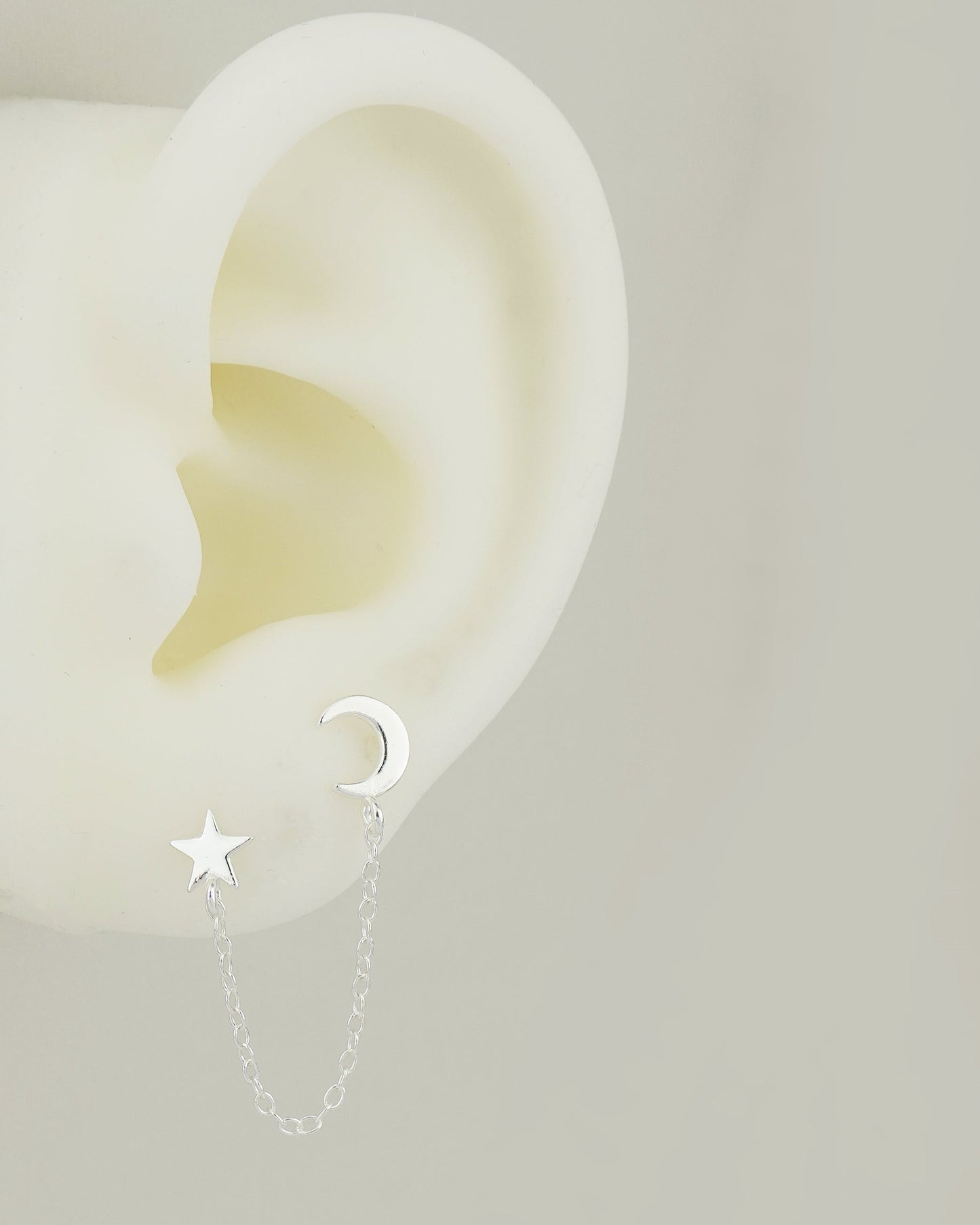 1 pc of Tiny Crescent Moon and Star on Link Chain Duo Stud Earring in Sterling Silver