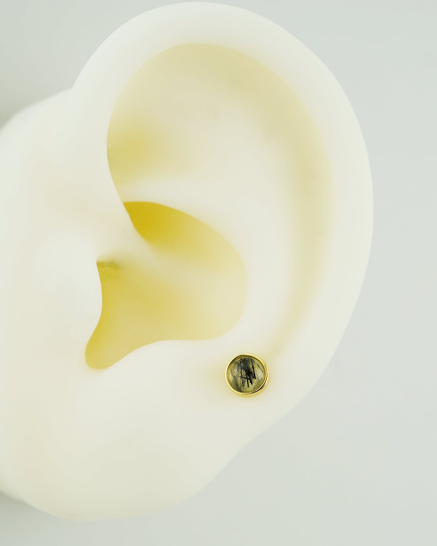 1 pc of Natural Black Rutile Quartz Cabochon Flat Back Stud Earring in Gold Plated over Sterling Silver, 5mm Bezel Lobe Helix Tragus Piercing