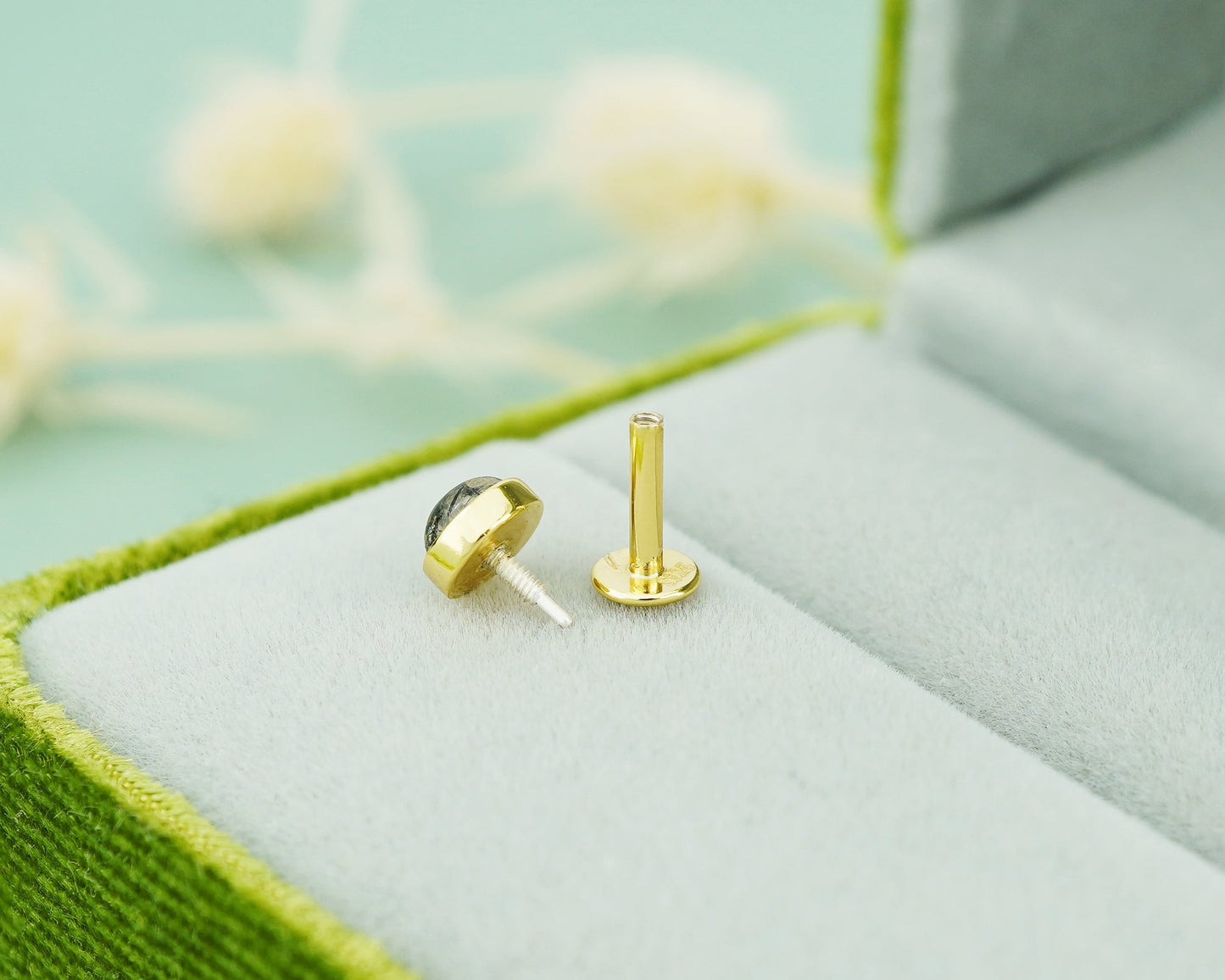 1 pc of Natural Black Rutile Quartz Cabochon Flat Back Stud Earring in Gold Plated over Sterling Silver, 5mm Bezel Lobe Helix Tragus Piercing