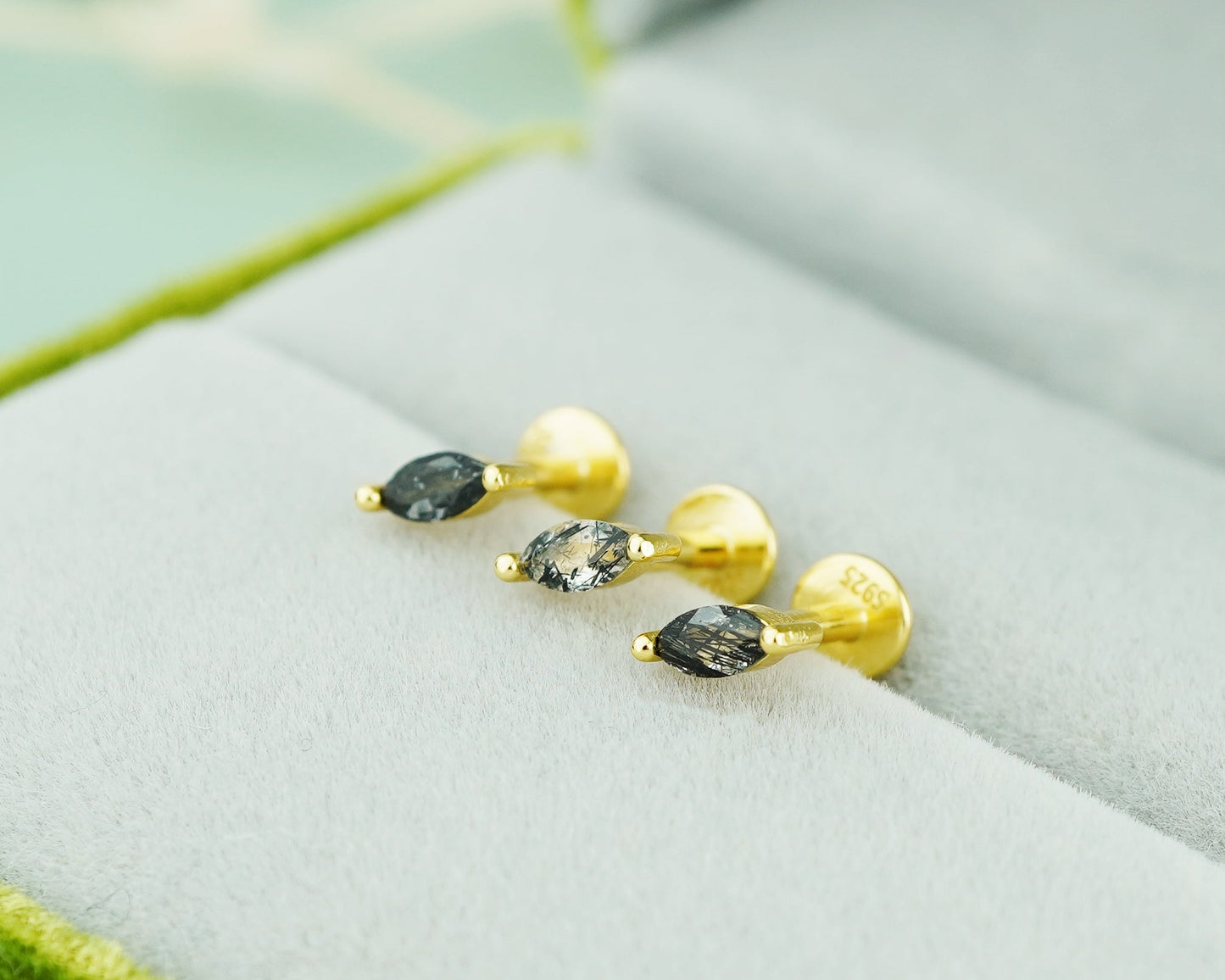 1 pc of Natural Black Rutile Quartz Marquise Shape Stud Earring in Gold Plated over Sterling Silver, 16G 6mm or 8mm Post