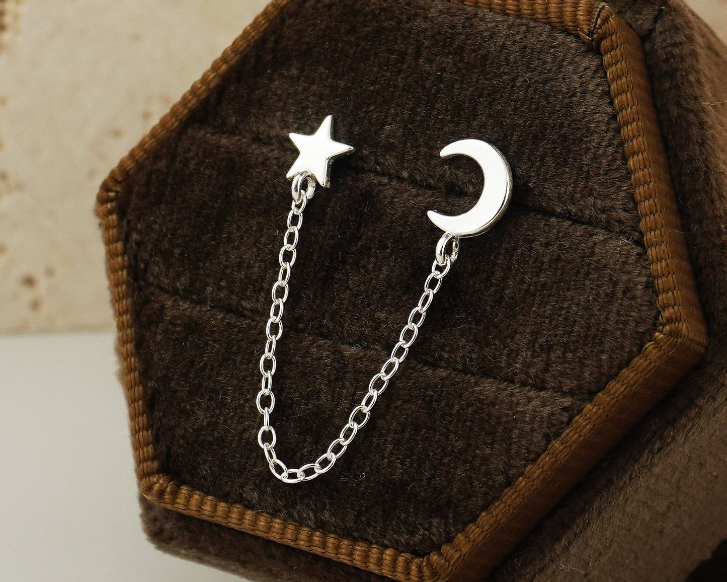 1 pc of Tiny Crescent Moon and Star on Link Chain Duo Stud Earring in Sterling Silver