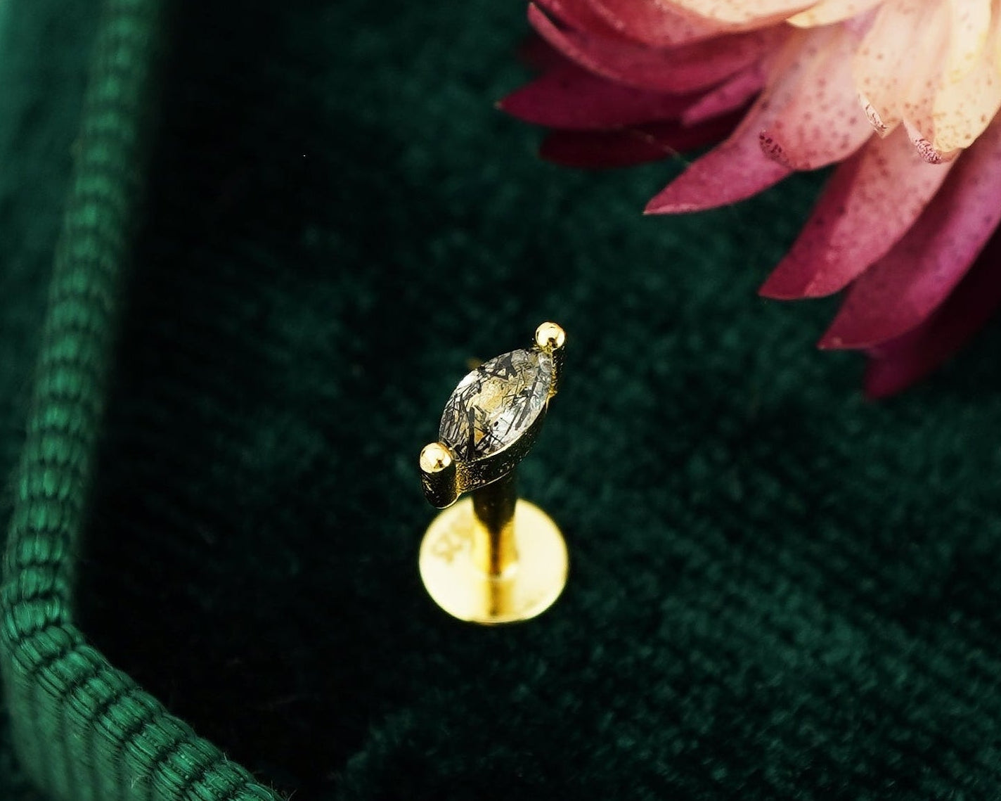 1 pc of Natural Black Rutile Quartz Marquise Shape Stud Earring in Gold Plated over Sterling Silver, 16G 6mm or 8mm Post