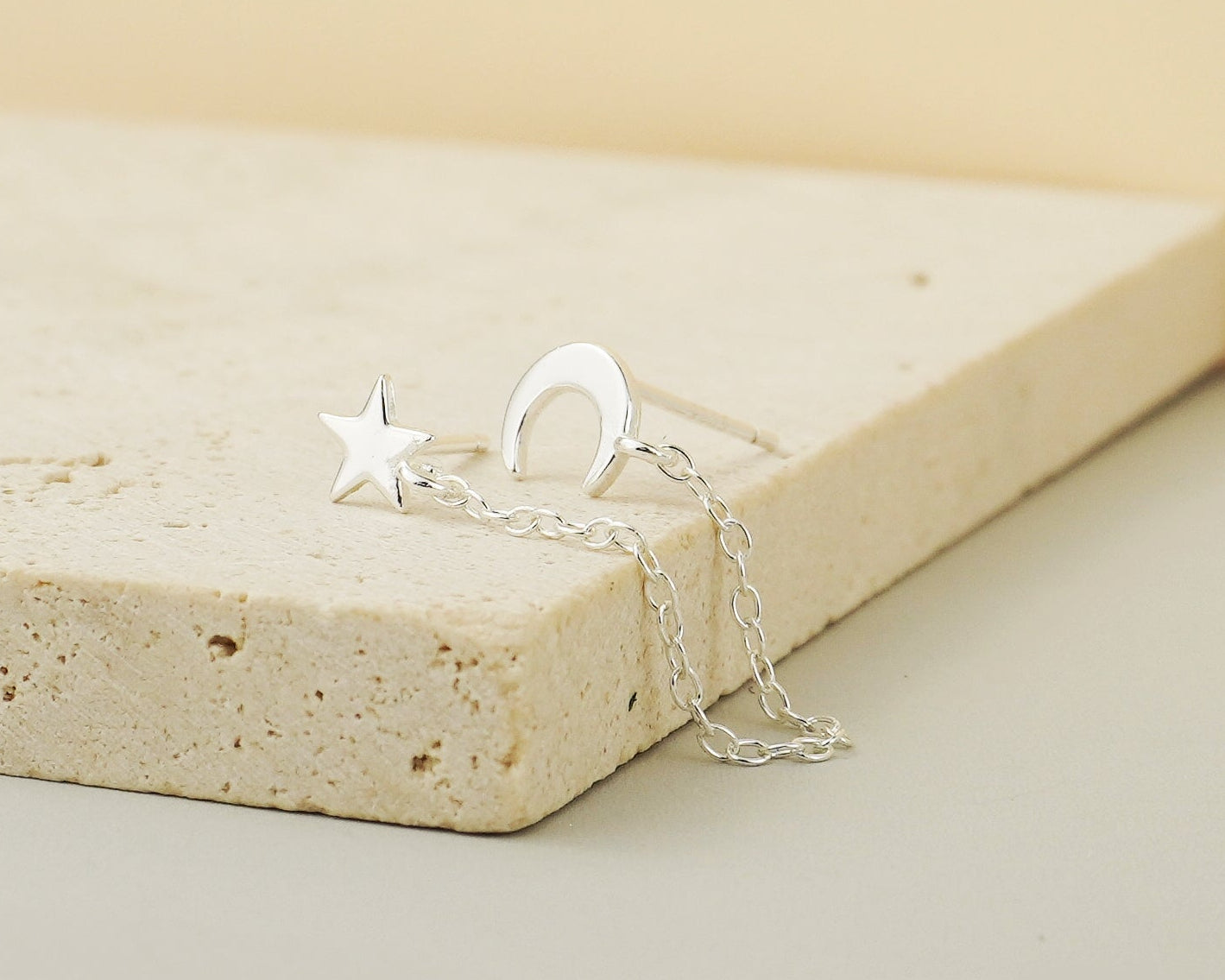 1 pc of Tiny Crescent Moon and Star on Link Chain Duo Stud Earring in Sterling Silver