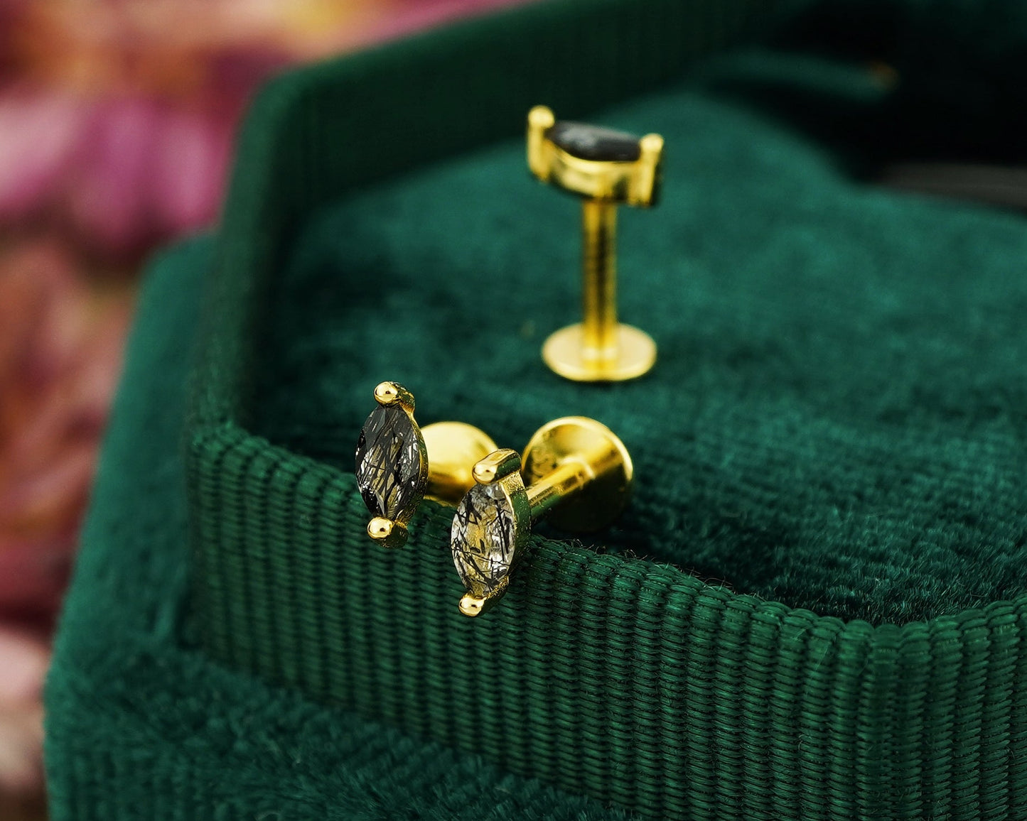 1 pc of Natural Black Rutile Quartz Marquise Shape Stud Earring in Gold Plated over Sterling Silver, 16G 6mm or 8mm Post