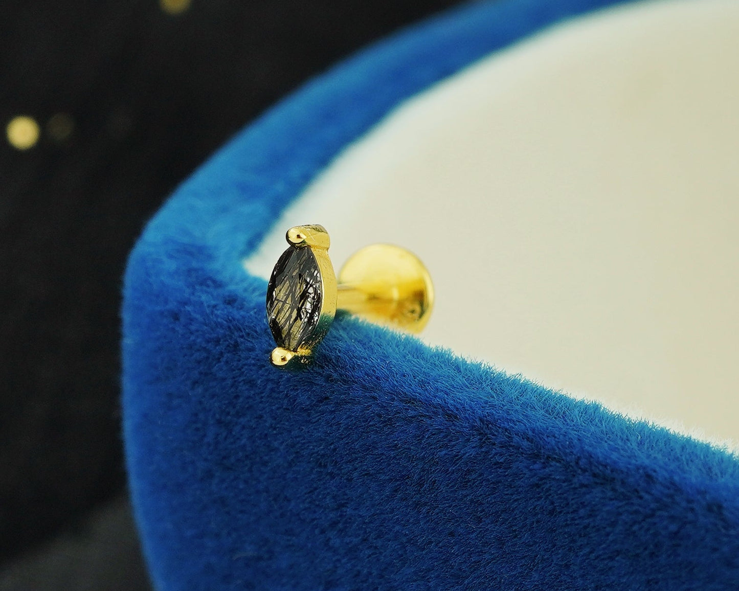 1 pc of Natural Black Rutile Quartz Marquise Shape Stud Earring in Gold Plated over Sterling Silver, 16G 6mm or 8mm Post