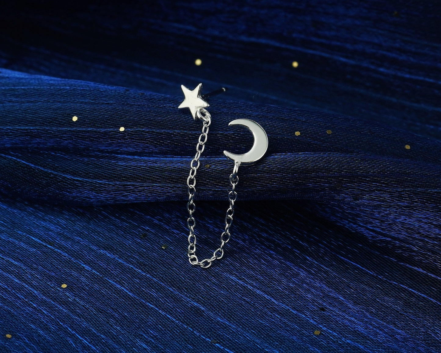 1 pc of Tiny Crescent Moon and Star on Link Chain Duo Stud Earring in Sterling Silver
