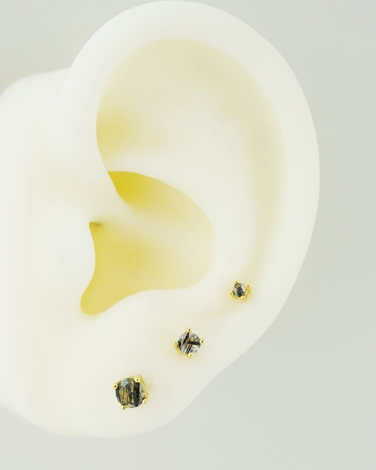 1 pc of Natural Black Rutile Quartz 4 Prong Solitaire Flat Back Stud Earring in Gold Plated over Sterling Silver