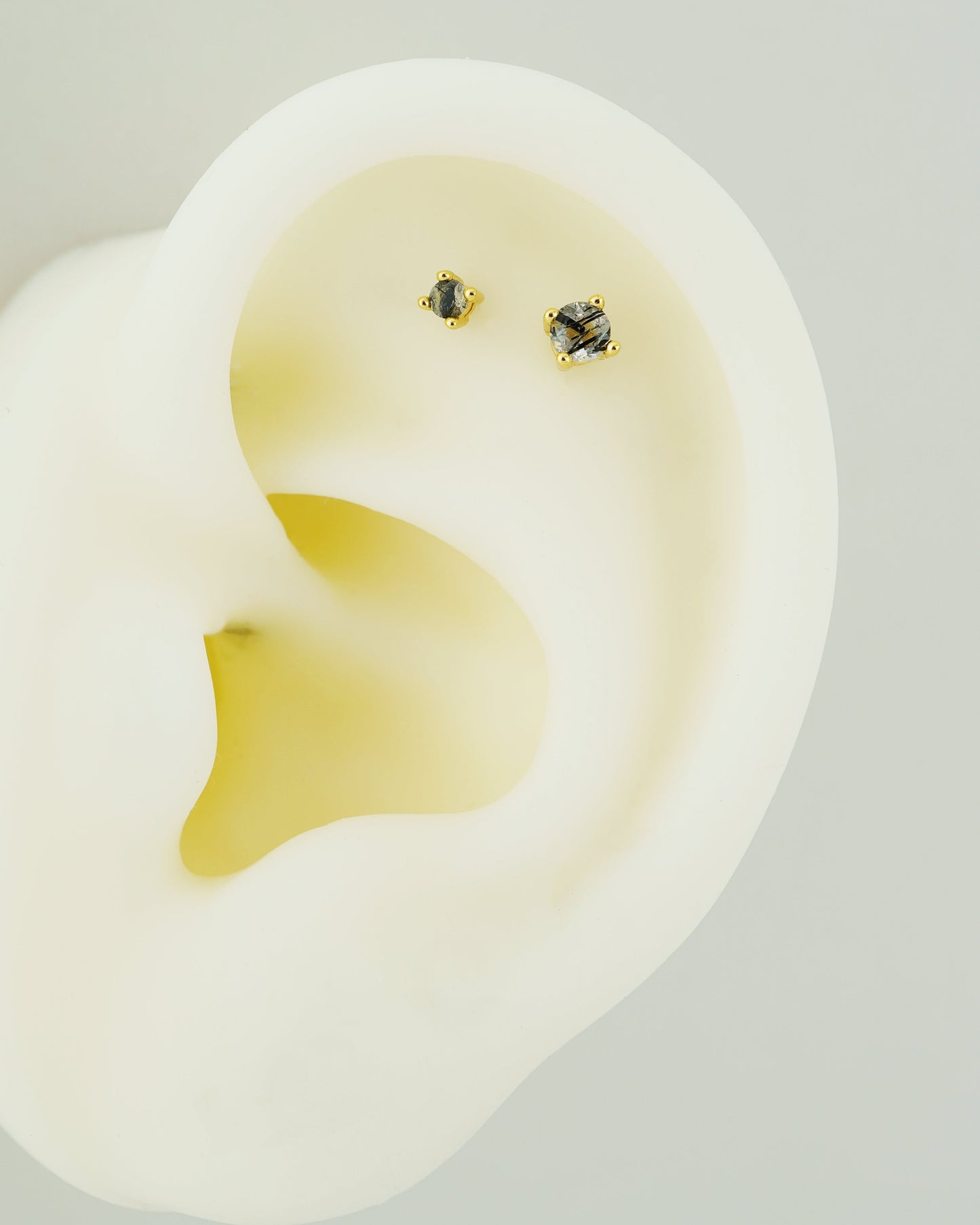 1 pc of Natural Black Rutile Quartz 4 Prong Solitaire Flat Back Stud Earring in Gold Plated over Sterling Silver