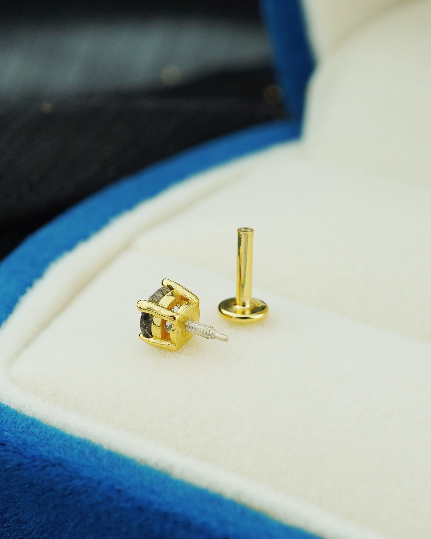 1 pc of Natural Black Rutile Quartz 4 Prong Solitaire Flat Back Stud Earring in Gold Plated over Sterling Silver