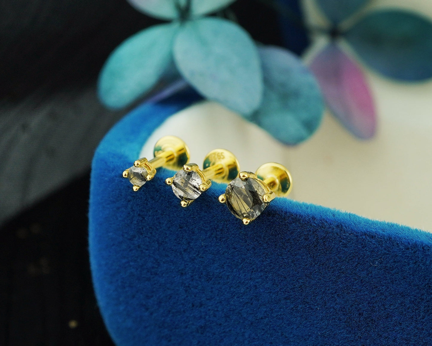 1 pc of Natural Black Rutile Quartz 4 Prong Solitaire Flat Back Stud Earring in Gold Plated over Sterling Silver