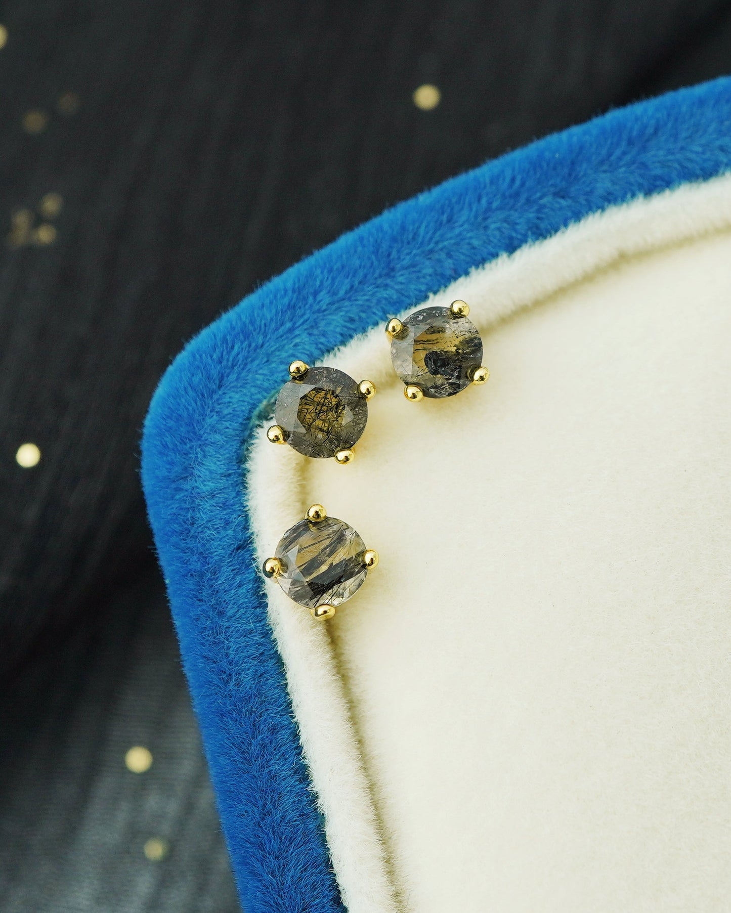 1 pc of Natural Black Rutile Quartz 4 Prong Solitaire Flat Back Stud Earring in Gold Plated over Sterling Silver