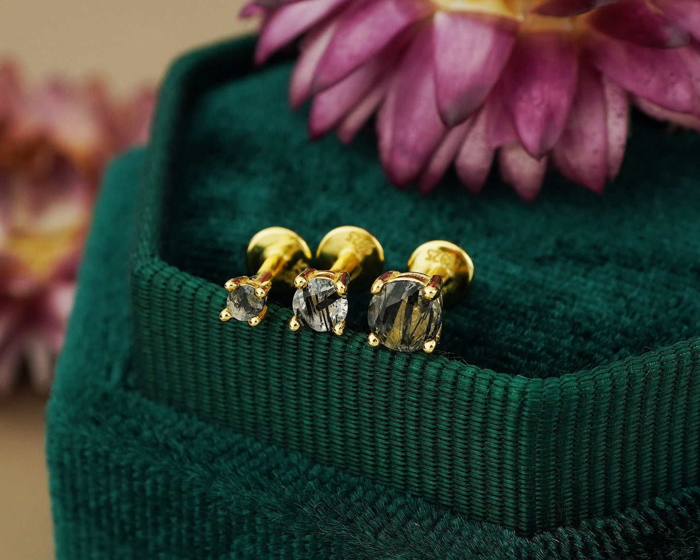 1 pc of Natural Black Rutile Quartz 4 Prong Solitaire Flat Back Stud Earring in Gold Plated over Sterling Silver