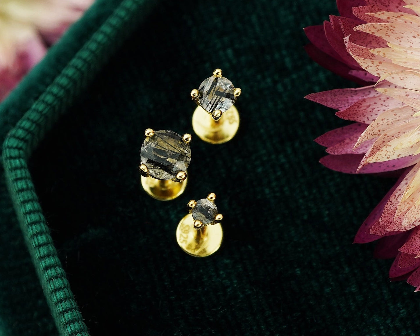 1 pc of Natural Black Rutile Quartz 4 Prong Solitaire Flat Back Stud Earring in Gold Plated over Sterling Silver