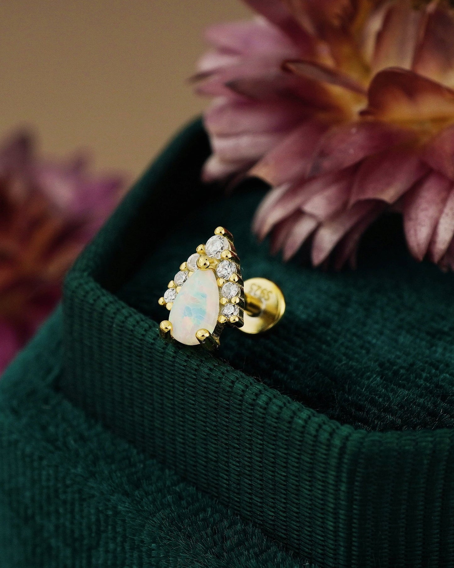 1 pc of Sterling Silver Fire Opal & CZ Stud Earring in 18ct Gold Plated, 16G 6mm or 8mm Post