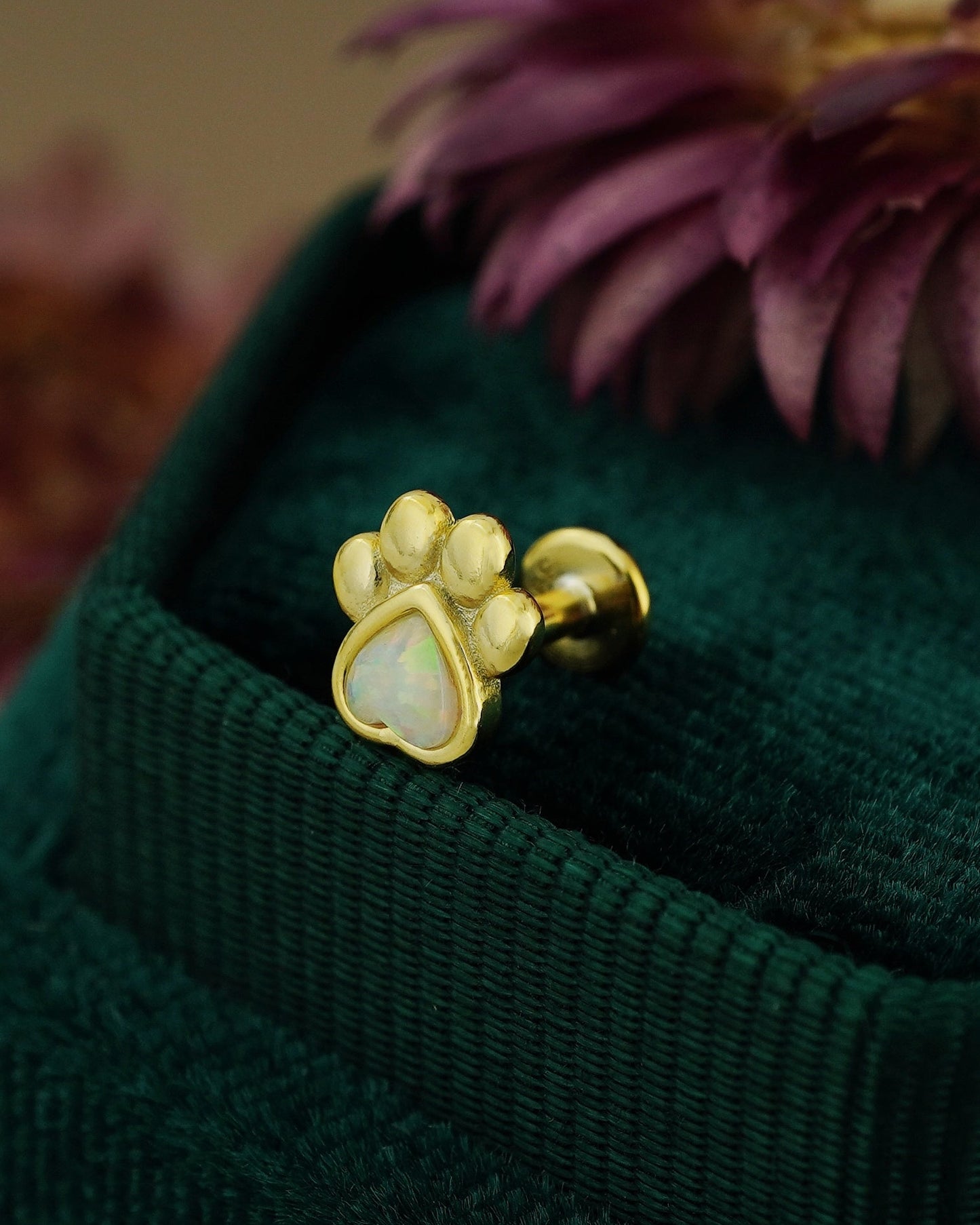 1 pc of Sterling Silver Fire Opal Paw Print Stud Earring in 18ct Gold Plated, 16G 6mm or 8mm Post