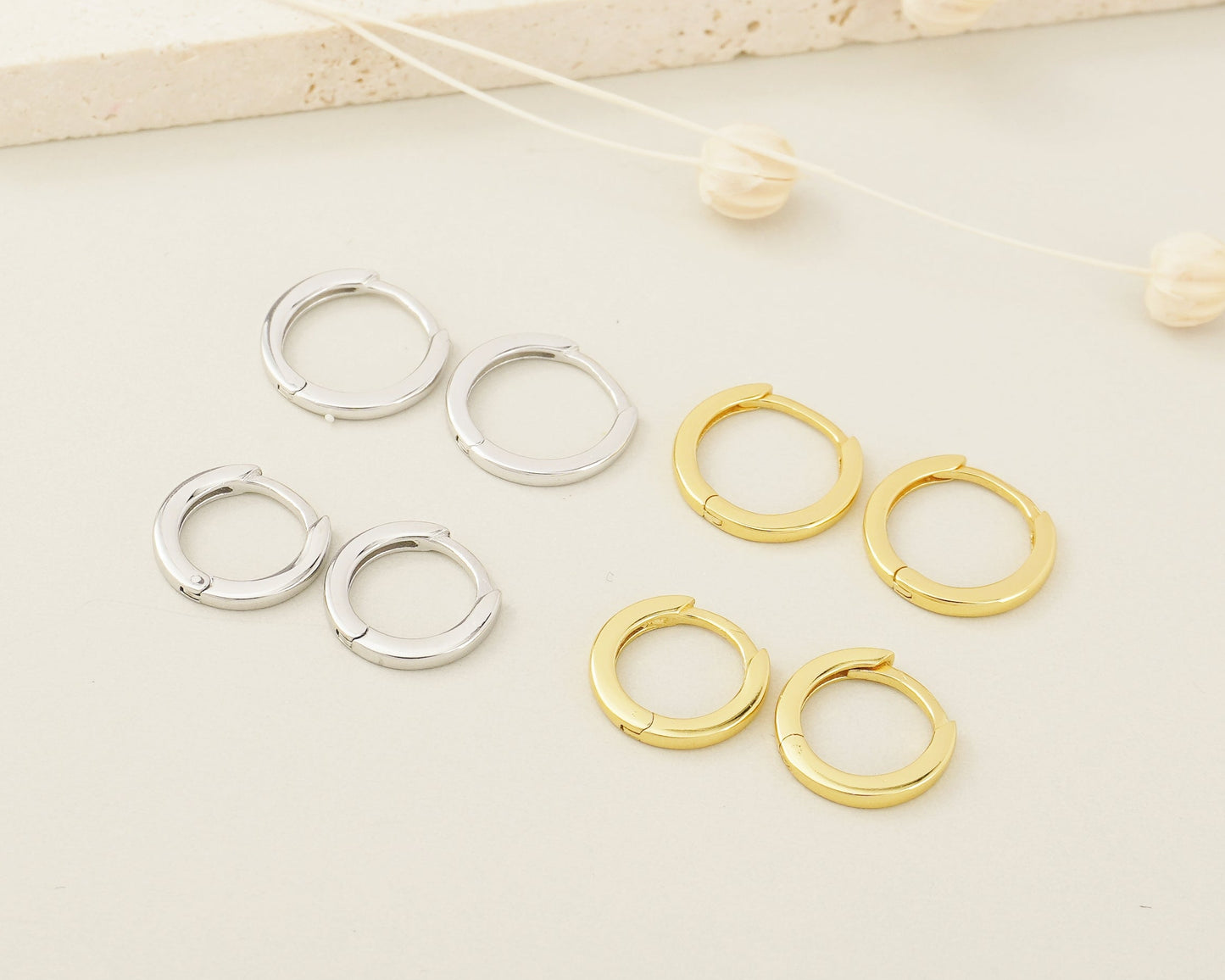 Pair of Skinny Square Edge Sterling Silver Huggie Hoop Earrings in Rhodium or 18ct Gold Plated, 2 Sizes