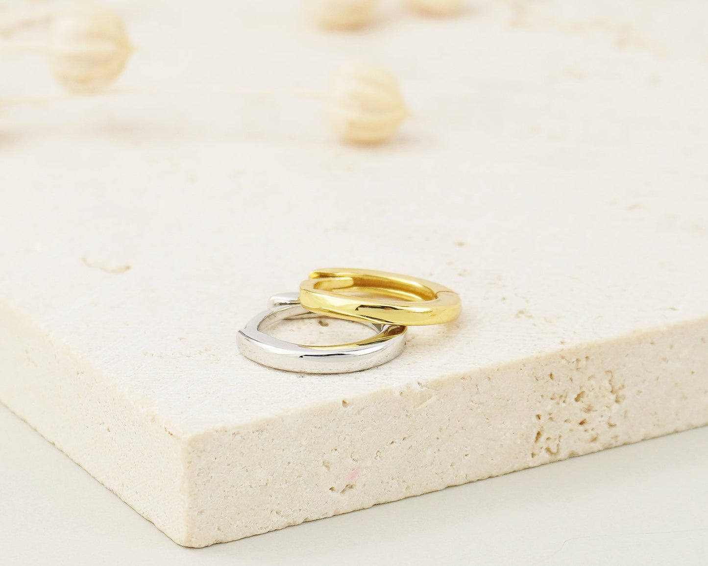 Pair of Skinny Square Edge Sterling Silver Huggie Hoop Earrings in Rhodium or 18ct Gold Plated, 2 Sizes