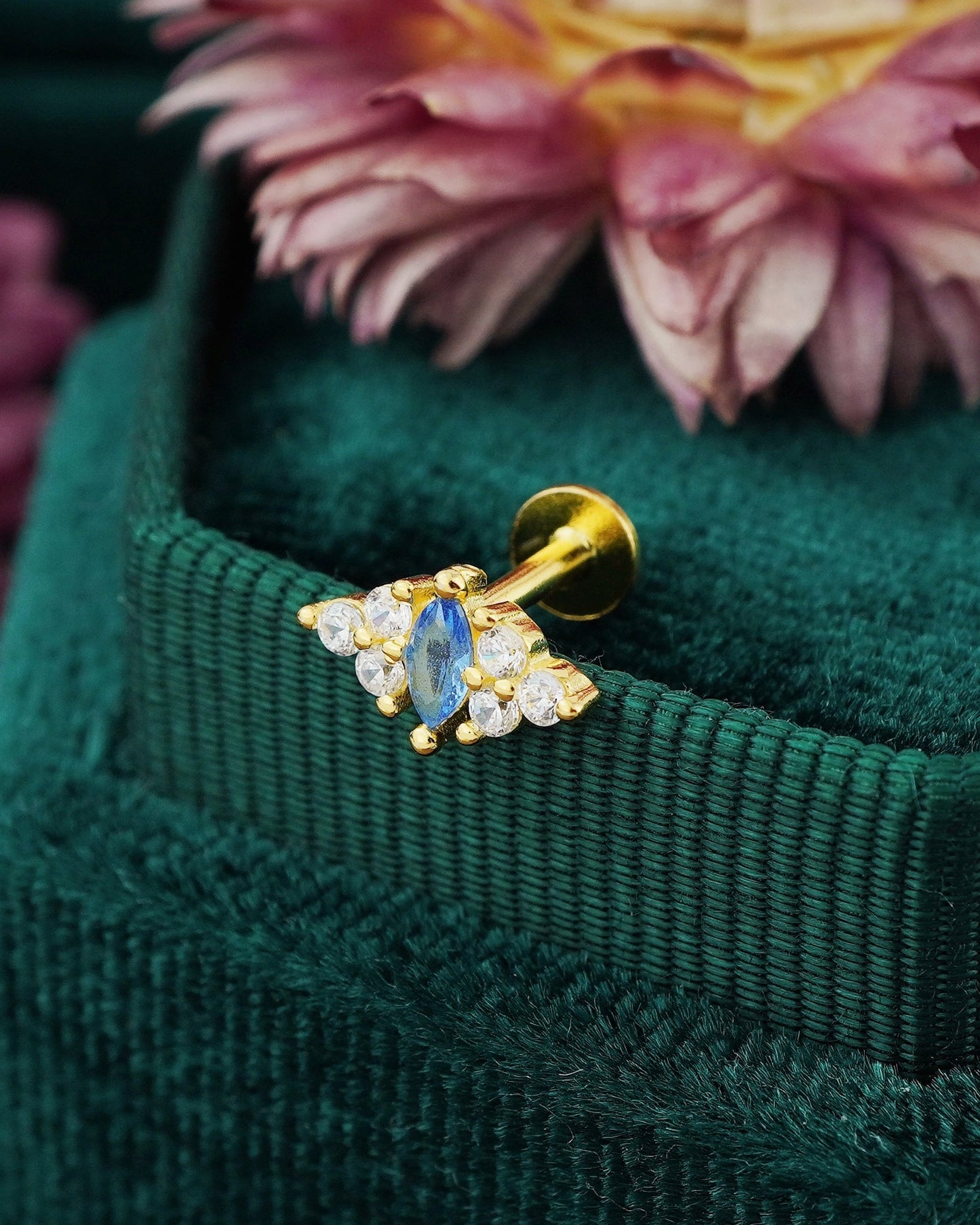 1 pc of Blue Marquise CZ Sterling Silver Stud Earring in 18ct Gold Plated, Lobe Tragus Cartilage Piercing Jewelry