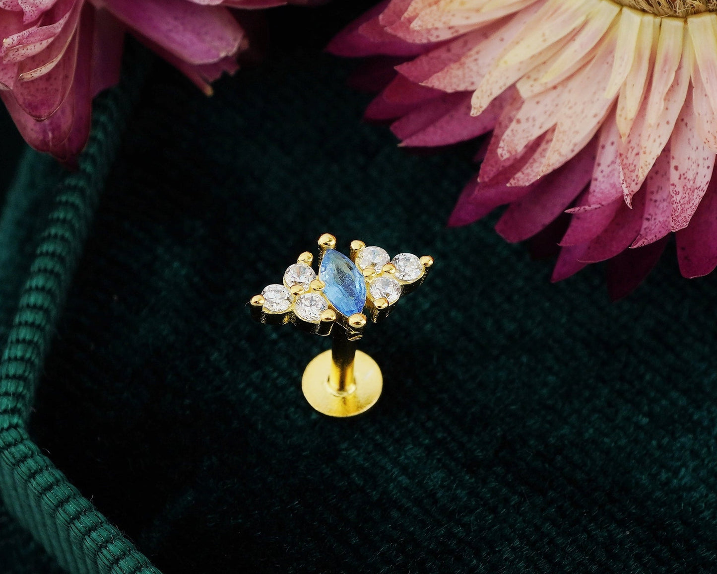 1 pc of Blue Marquise CZ Sterling Silver Stud Earring in 18ct Gold Plated, Lobe Tragus Cartilage Piercing Jewelry