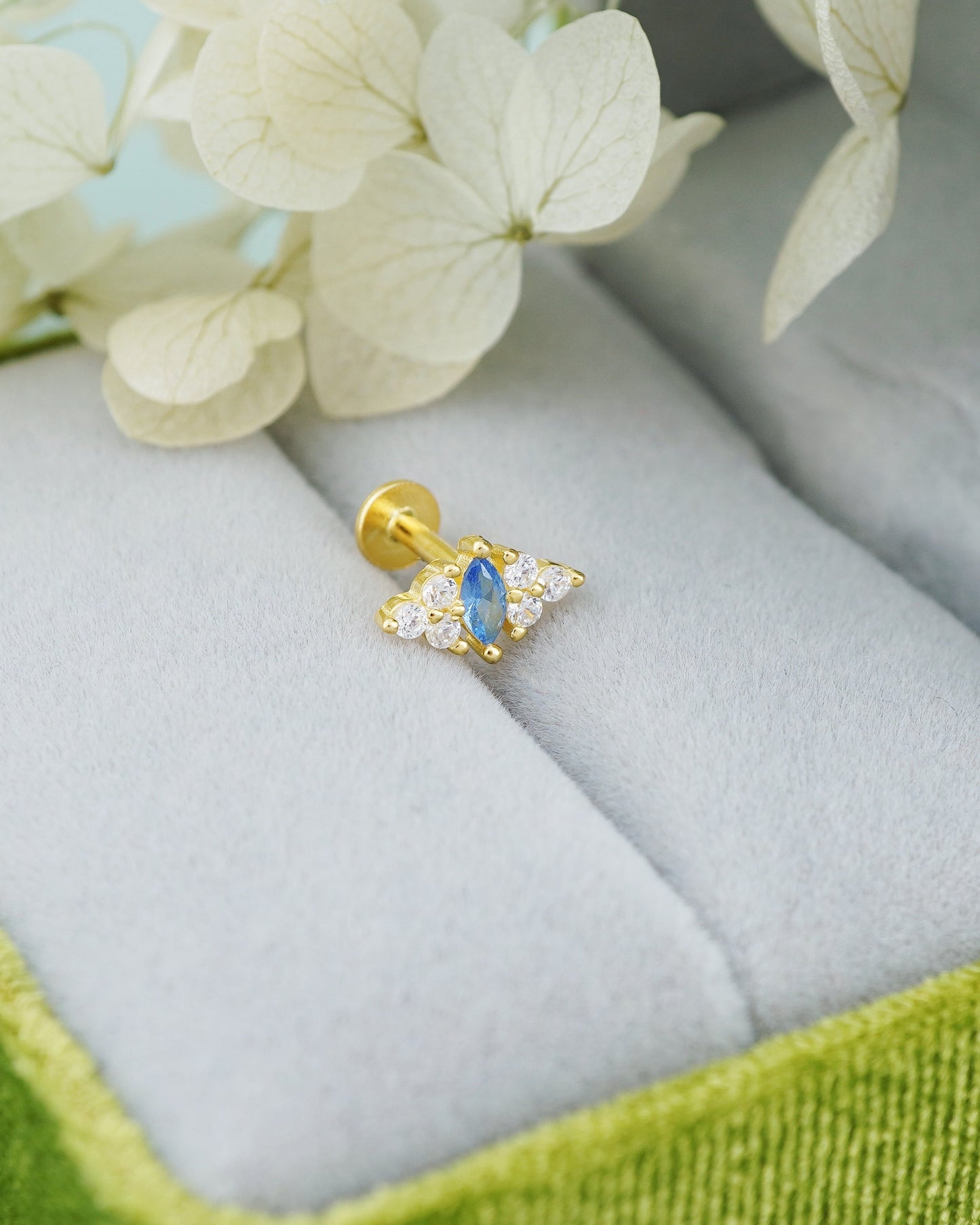1 pc of Blue Marquise CZ Sterling Silver Stud Earring in 18ct Gold Plated, Lobe Tragus Cartilage Piercing Jewelry
