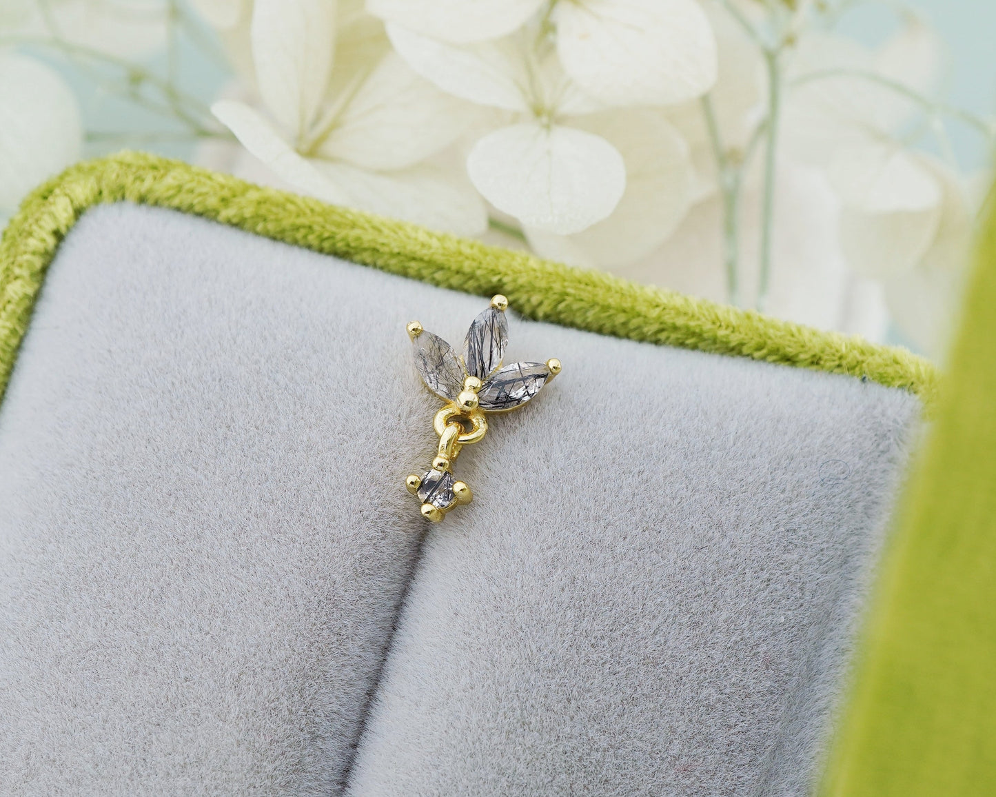 1 pc of Natural Black Rutile Quartz Sterling Silver Stud Earring in 18ct Gold Plated, Triple Marquise Design