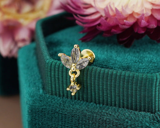 1 pc of Natural Black Rutile Quartz Sterling Silver Stud Earring in 18ct Gold Plated, Triple Marquise Design