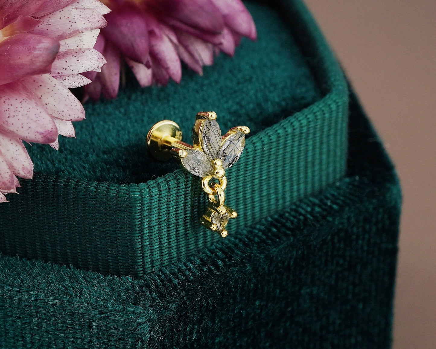 1 pc of Natural Black Rutile Quartz Sterling Silver Stud Earring in 18ct Gold Plated, Triple Marquise Design