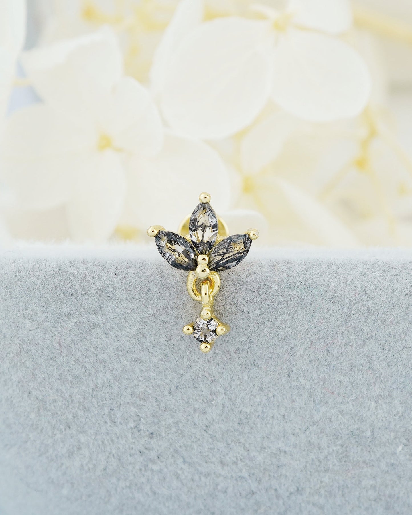 1 pc of Natural Black Rutile Quartz Sterling Silver Stud Earring in 18ct Gold Plated, Triple Marquise Design