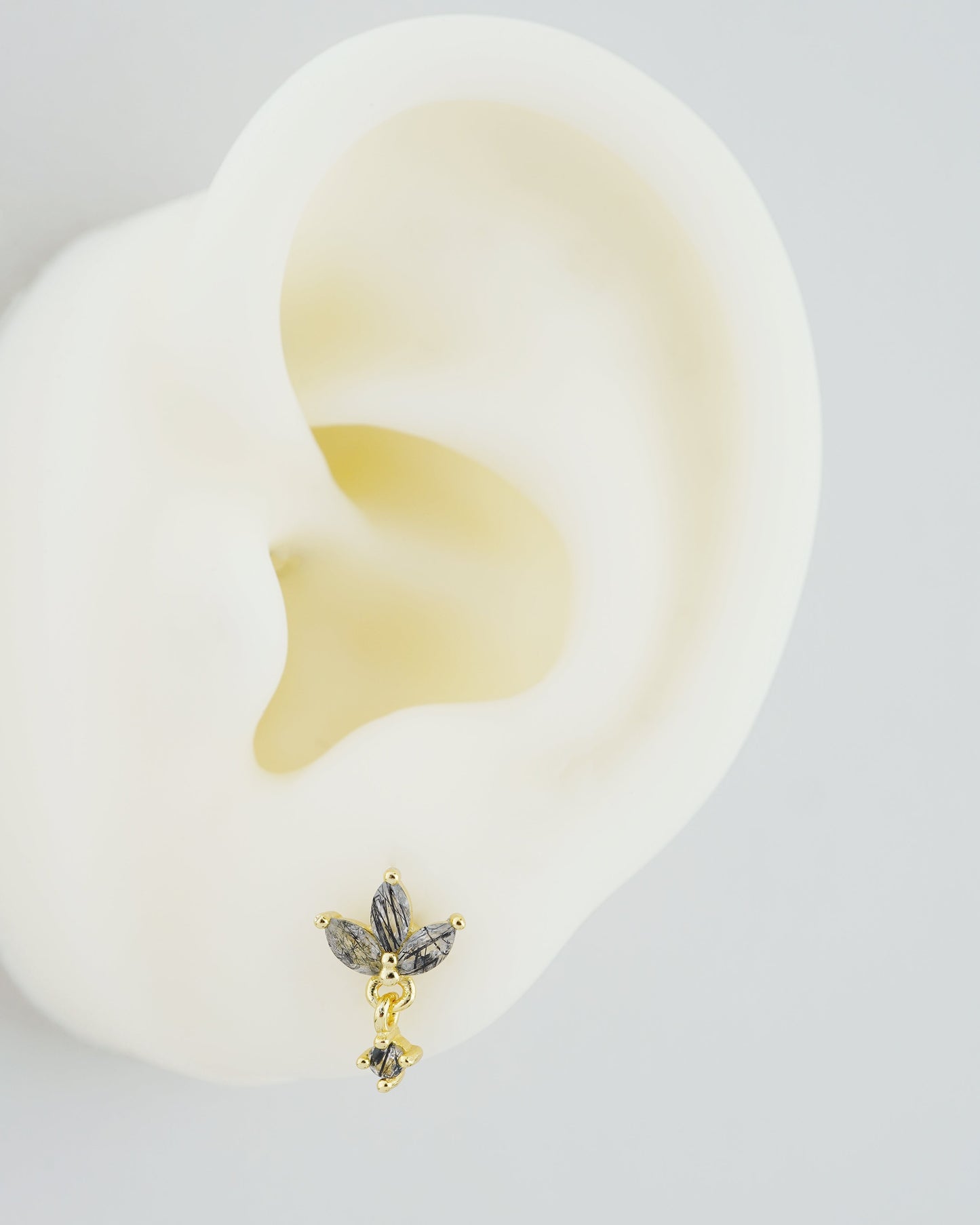 1 pc of Natural Black Rutile Quartz Sterling Silver Stud Earring in 18ct Gold Plated, Triple Marquise Design