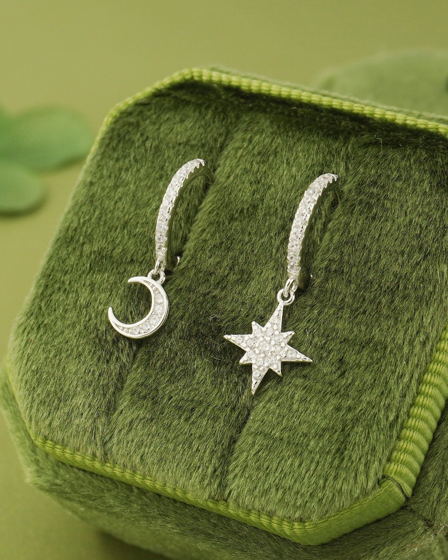 Pair of Dangly Starburst & Crescent Moon Huggie Hoop Earrings in Sterling Silver or 18ct Gold Plated