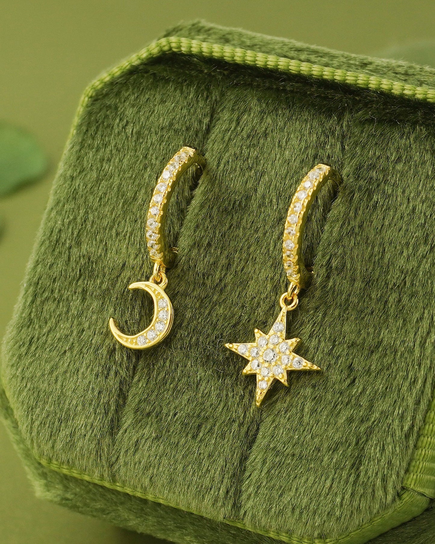 Pair of Dangly Starburst & Crescent Moon Huggie Hoop Earrings in Sterling Silver or 18ct Gold Plated