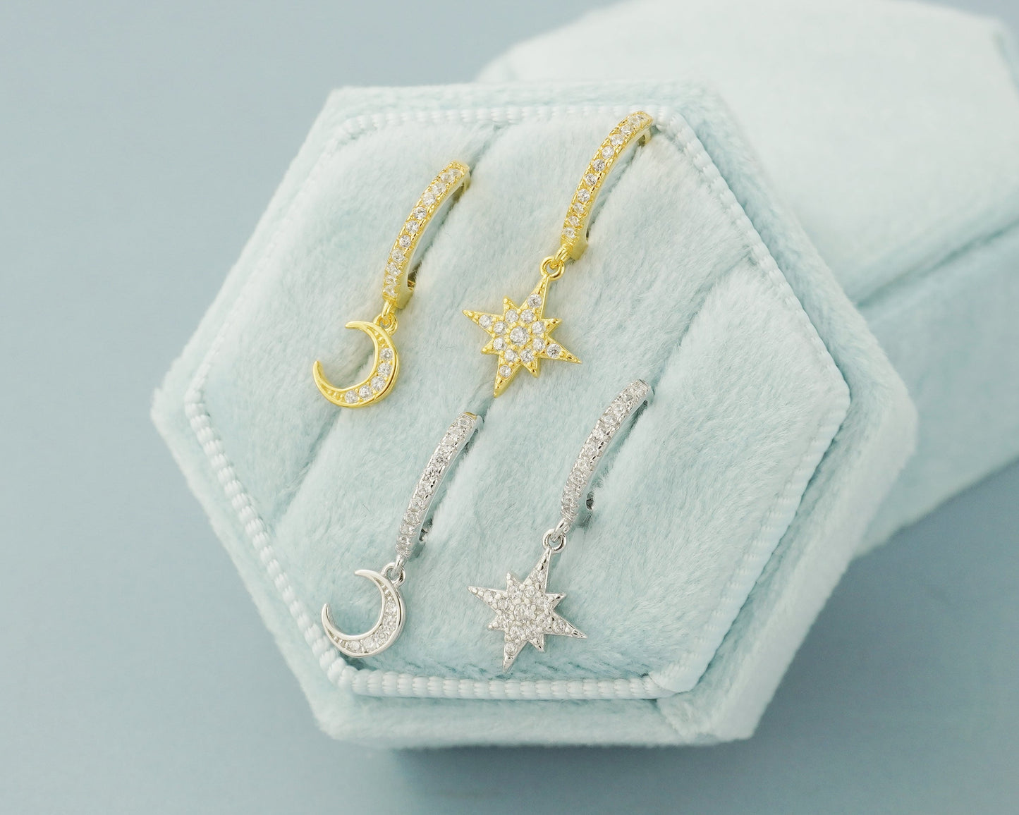 Pair of Dangly Starburst & Crescent Moon Huggie Hoop Earrings in Sterling Silver or 18ct Gold Plated