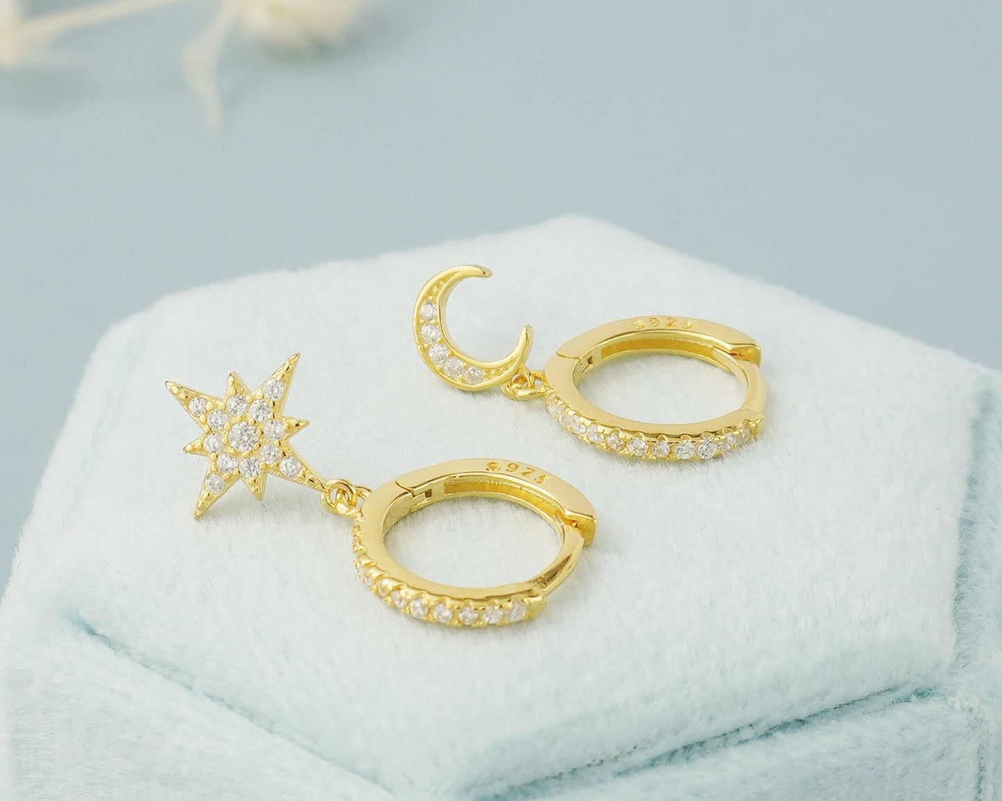 Pair of Dangly Starburst & Crescent Moon Huggie Hoop Earrings in Sterling Silver or 18ct Gold Plated