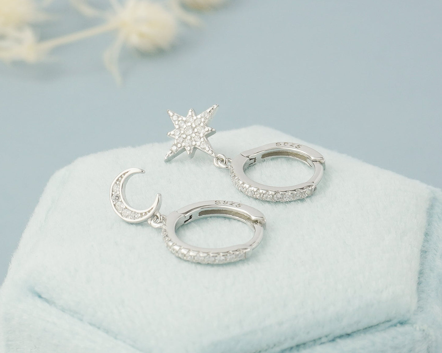 Pair of Dangly Starburst & Crescent Moon Huggie Hoop Earrings in Sterling Silver or 18ct Gold Plated