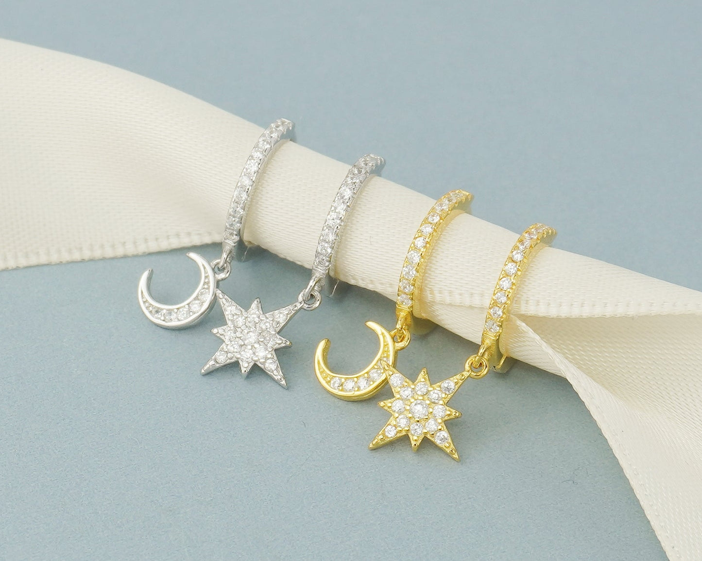 Pair of Dangly Starburst & Crescent Moon Huggie Hoop Earrings in Sterling Silver or 18ct Gold Plated