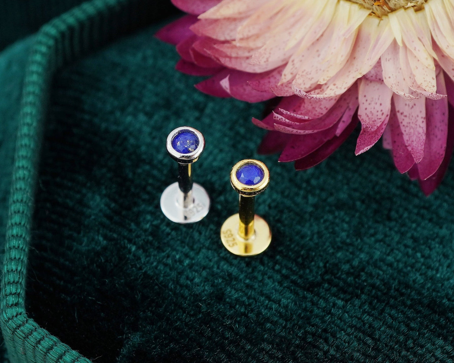 1 pc of VERY TINY 3mm Bezel Natural Lapis Lazuli Sterling Silver Stud Earring in Rhodium or 18ct Gold Plated, Cartilage Helix Lobe Piercing