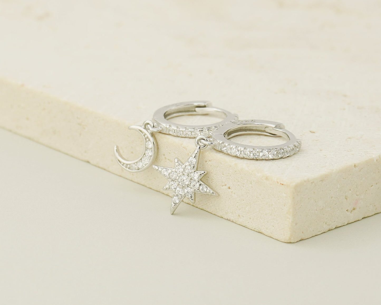 Pair of Dangly Starburst & Crescent Moon Huggie Hoop Earrings in Sterling Silver or 18ct Gold Plated