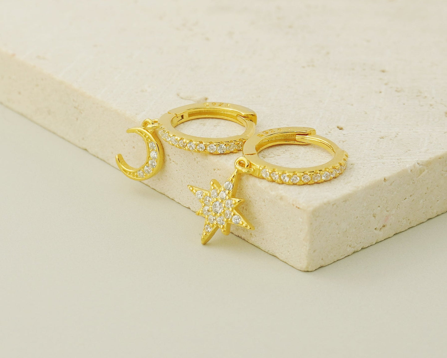 Pair of Dangly Starburst & Crescent Moon Huggie Hoop Earrings in Sterling Silver or 18ct Gold Plated