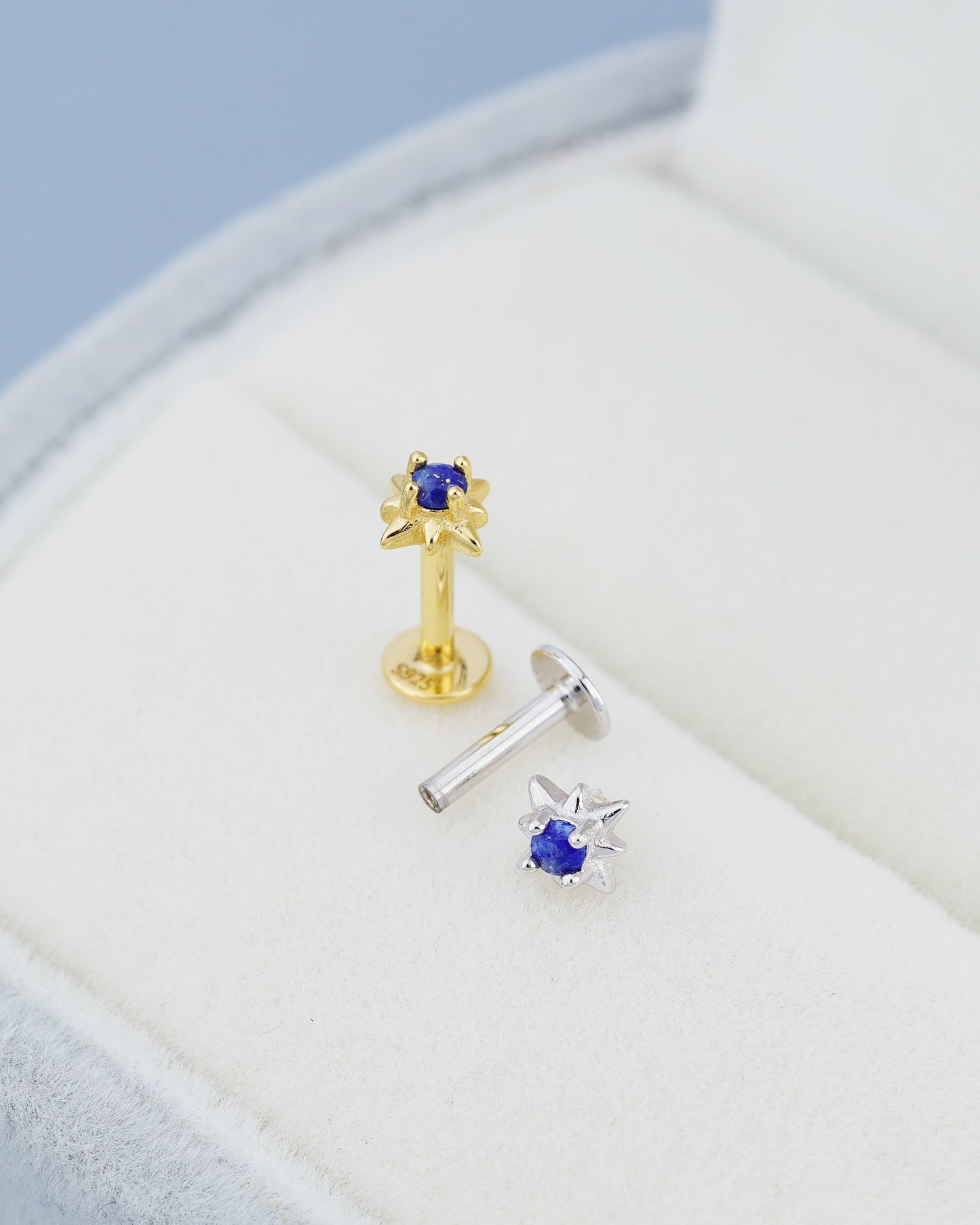 1 pc of Natural Lapis Lazuli Starburst Sterling Silver Stud Earring in Rhodium or 18ct Gold Plated