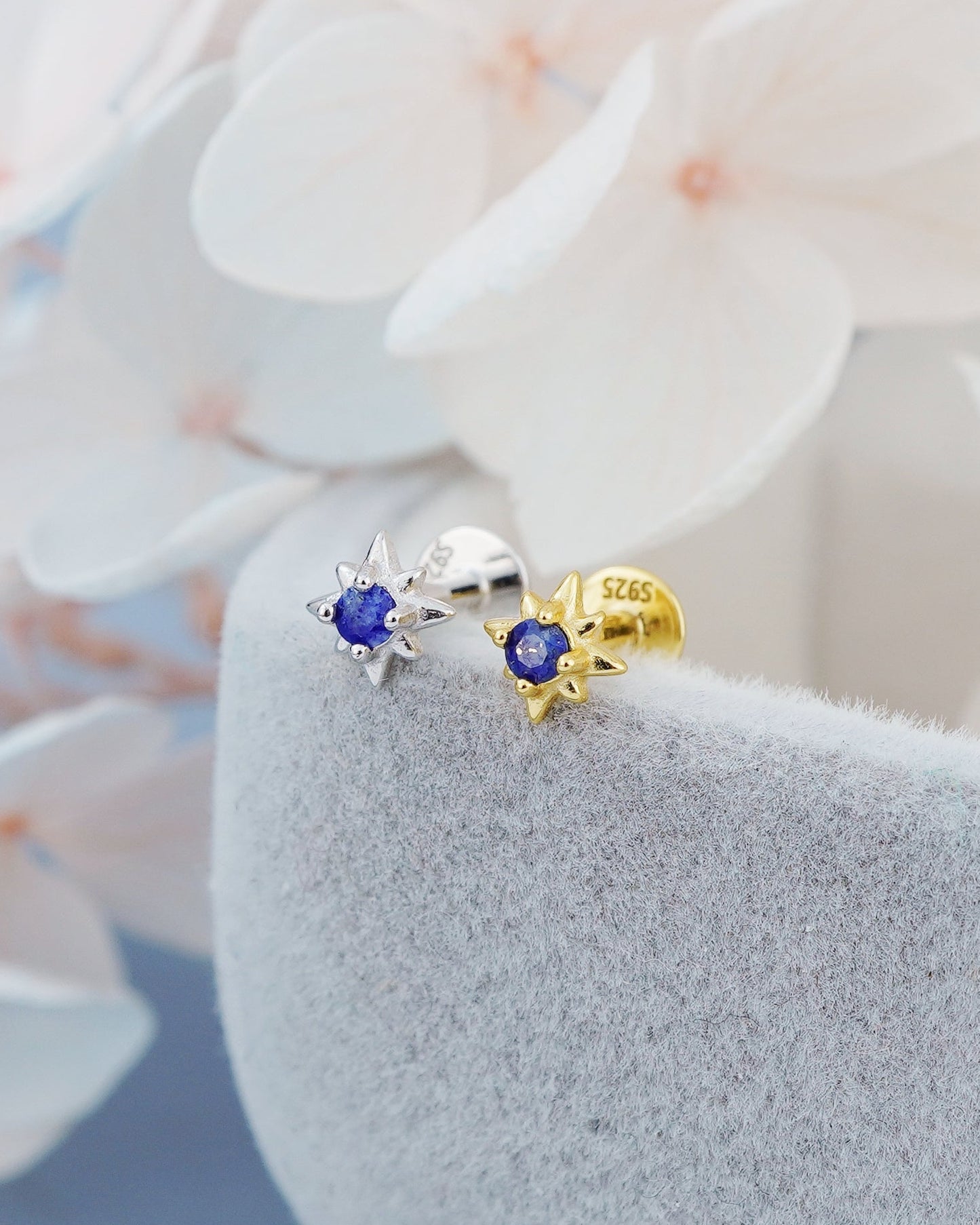 1 pc of Natural Lapis Lazuli Starburst Sterling Silver Stud Earring in Rhodium or 18ct Gold Plated