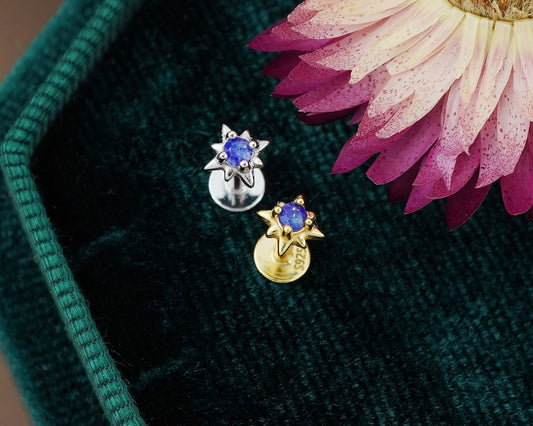 1 pc of Natural Lapis Lazuli Starburst Sterling Silver Stud Earring in Rhodium or 18ct Gold Plated