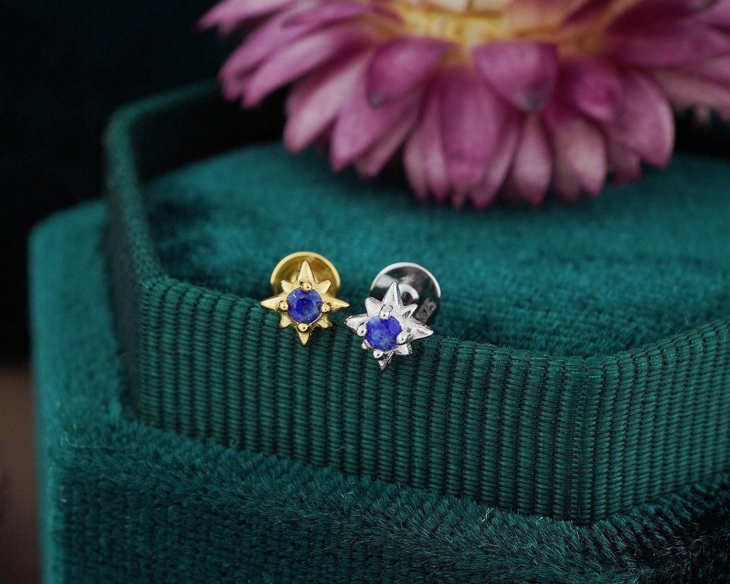1 pc of Natural Lapis Lazuli Starburst Sterling Silver Stud Earring in Rhodium or 18ct Gold Plated