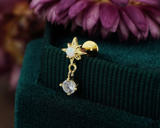 1 pc of Fire Opal Starburst Sterling Silver Stud Earring in 18ct Gold Plated, Celestial Design with a Dangly CZ Stone
