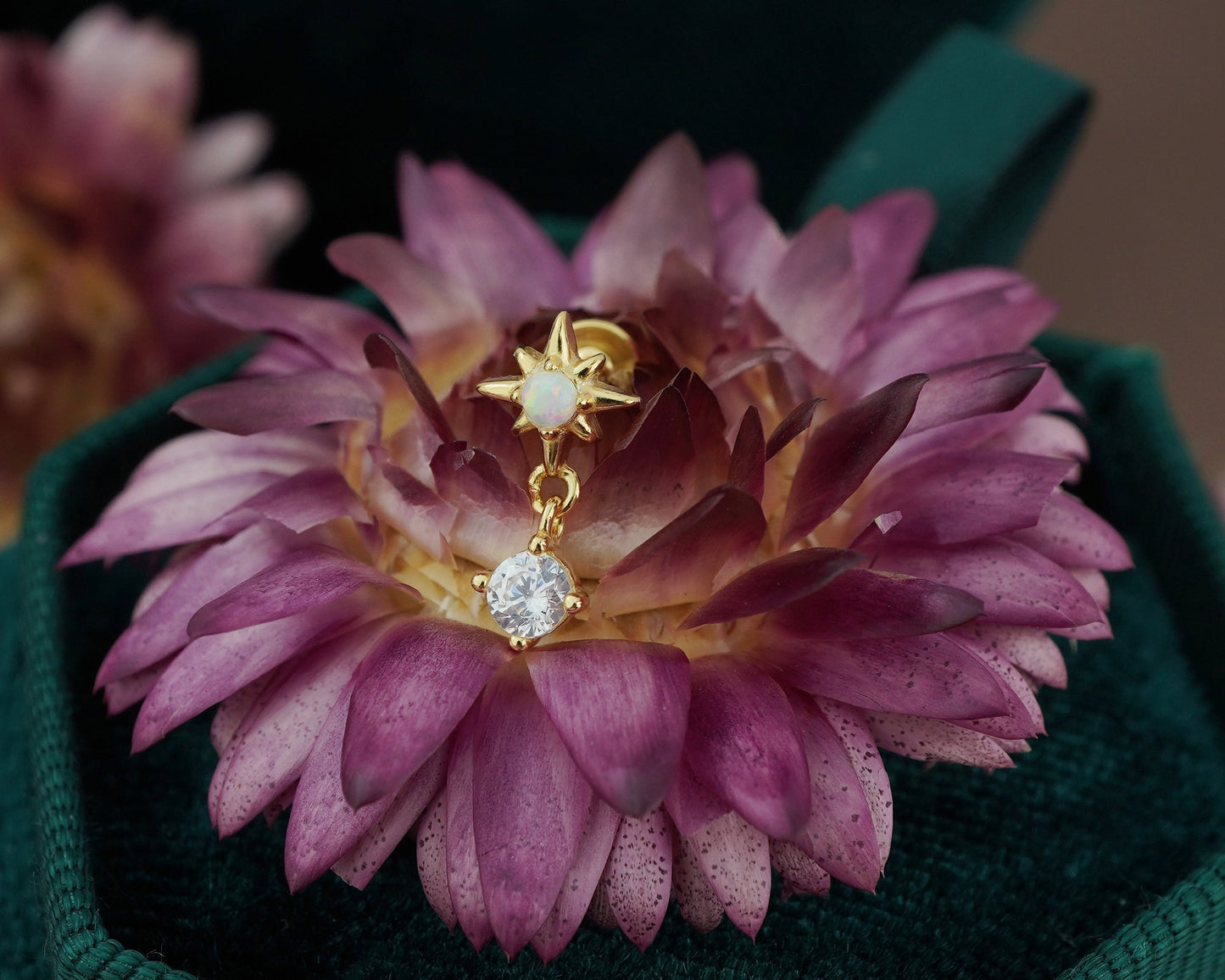 1 pc of Fire Opal Starburst Sterling Silver Stud Earring in 18ct Gold Plated, Celestial Design with a Dangly CZ Stone