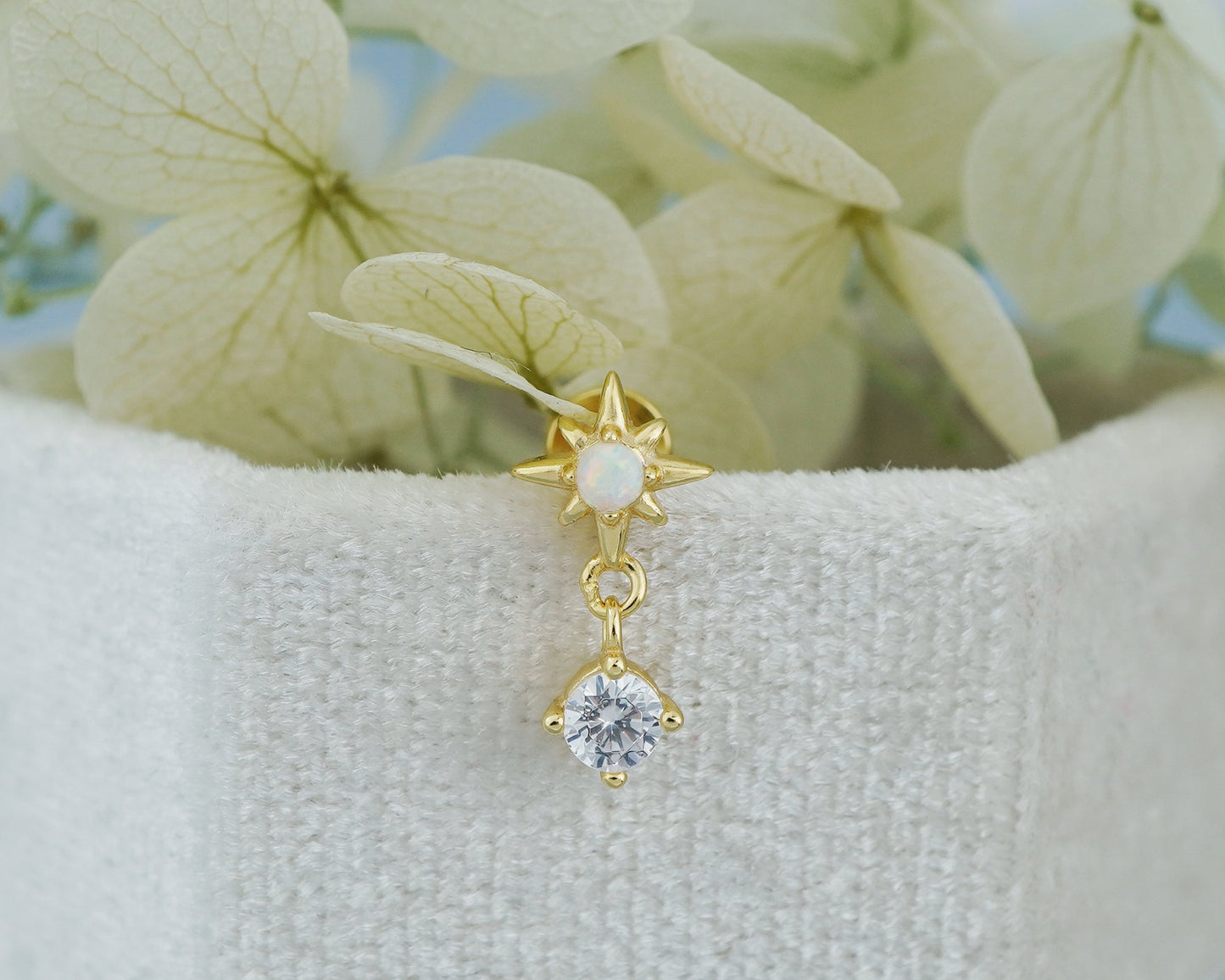 1 pc of Fire Opal Starburst Sterling Silver Stud Earring in 18ct Gold Plated, Celestial Design with a Dangly CZ Stone