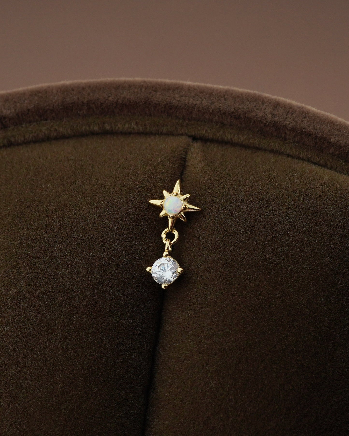 1 pc of Fire Opal Starburst Sterling Silver Stud Earring in 18ct Gold Plated, Celestial Design with a Dangly CZ Stone