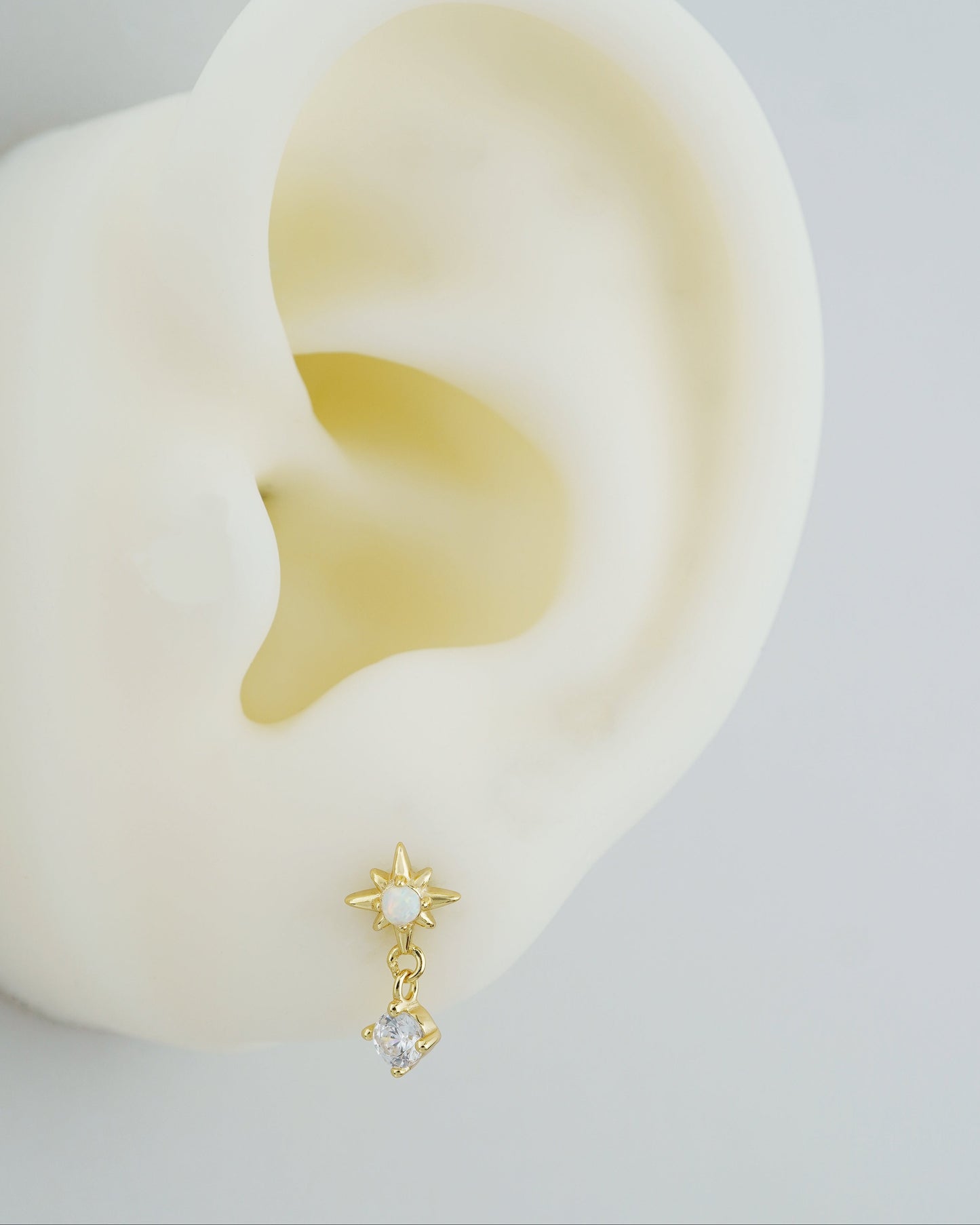 1 pc of Fire Opal Starburst Sterling Silver Stud Earring in 18ct Gold Plated, Celestial Design with a Dangly CZ Stone