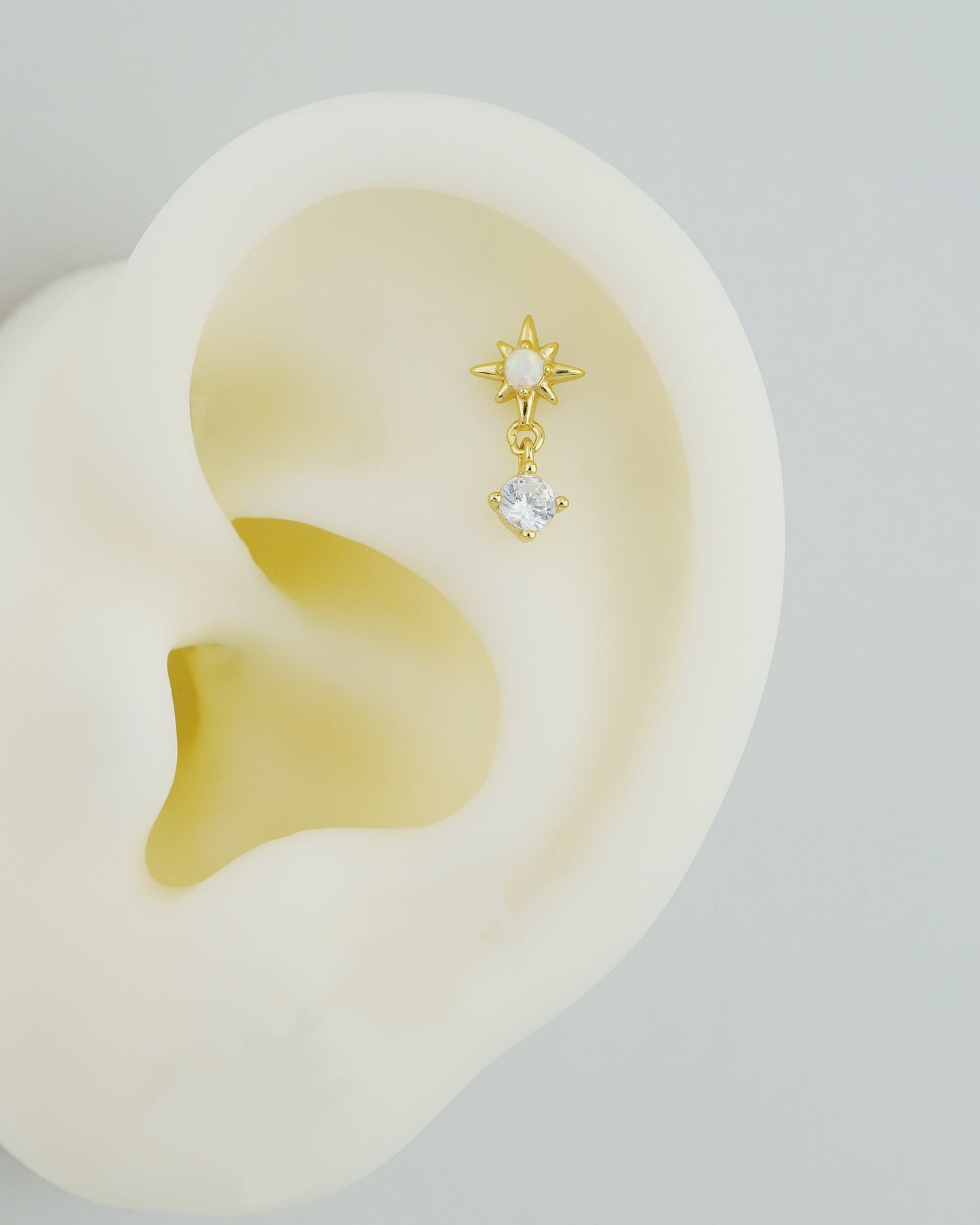 1 pc of Fire Opal Starburst Sterling Silver Stud Earring in 18ct Gold Plated, Celestial Design with a Dangly CZ Stone