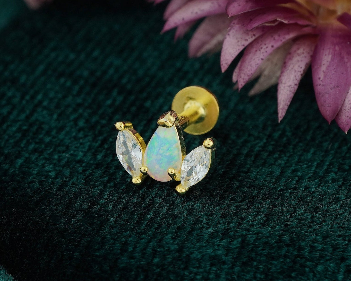 1 pc of Sterling Silver Fire Opal & CZ Crown Stud Earring in 18ct Gold Plated, 16G 6mm or 8mm Post