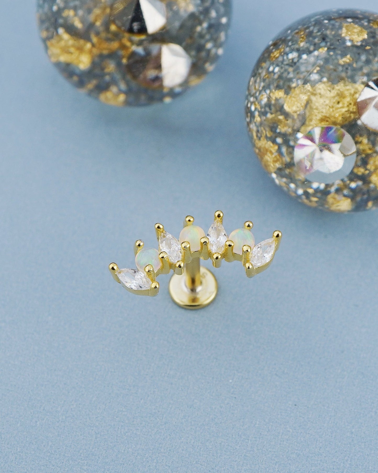 1 pc of Fire Opal & CZ Crown Stud Earring in 18k Gold Plated over Sterling Silver, 16G Lobe Tragus Cartilage Piercing Jewelry